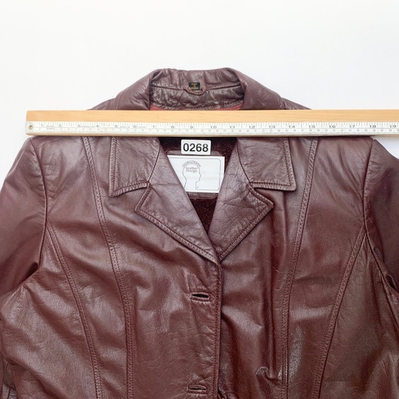 Vintage 90s Red Brown Leather Button Jacket Blazer Tie Waist Removable Lining L - Picture 8 of 16